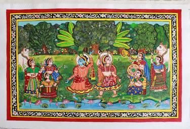 Indian Pichwai Painting, Traditional Pichwai Phad painting on canvas Cloth, Krishna Radha painting, Wall painting thumb