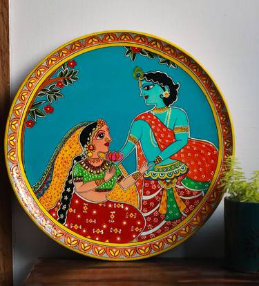 Krishna Radha Madhubani Painting Wall plate, Indian wall plate, Madhubani Painting thumb