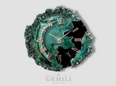 Green wall clock with a unique shape with natural stones thumb