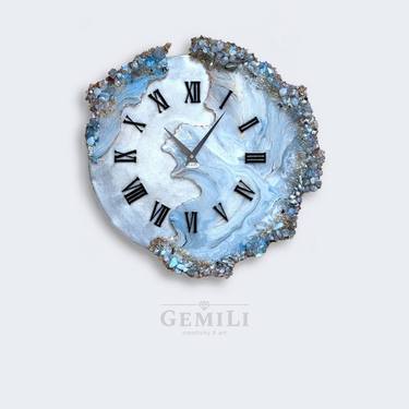 Blue wall clock with natural stones of aquamarine, moonstone and opal thumb