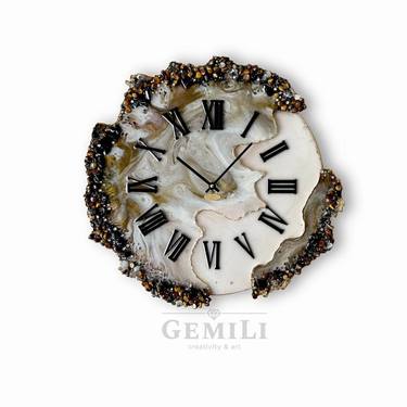 Uniquely shaped brown wall clock with natural stones thumb