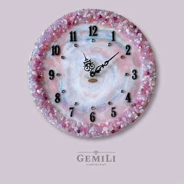 Wall clock with natural stones.Round large handcrafted epoxy clock.Watches for girls, women.Baroque style,rococo, gentle and beautiful style thumb