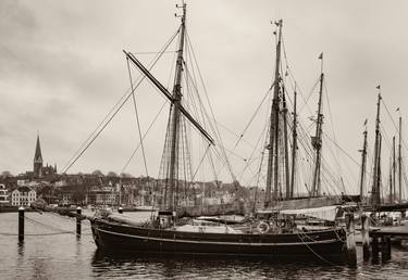 Harbor with sailboats and yachts moored in the port. Sea landscape. Flensburg. Germany thumb