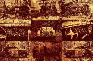 Collage of a vintage vehicle. Tractor and automobiles, cars. thumb