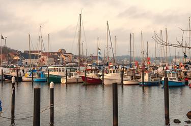 Harbor with sailboats and yachts moored in the port. thumb