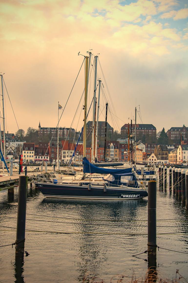 Harbor with sailboats and yachts moored in the port. - Print