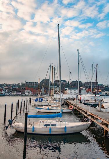 Harbor with sailboats and yachts moored in the port. thumb