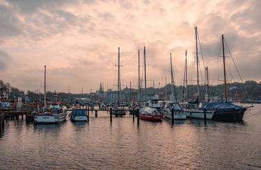 Harbor with sailboats and yachts moored in the port. thumb