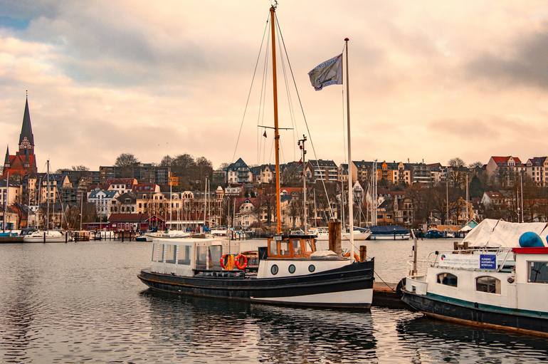 Harbor with sailboats and yachts moored in the port. - Print