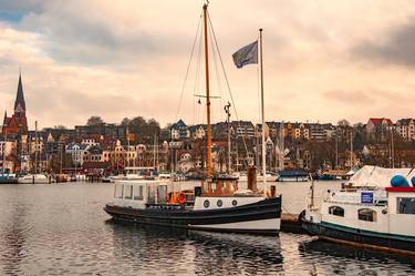 Harbor with sailboats and yachts moored in the port. thumb