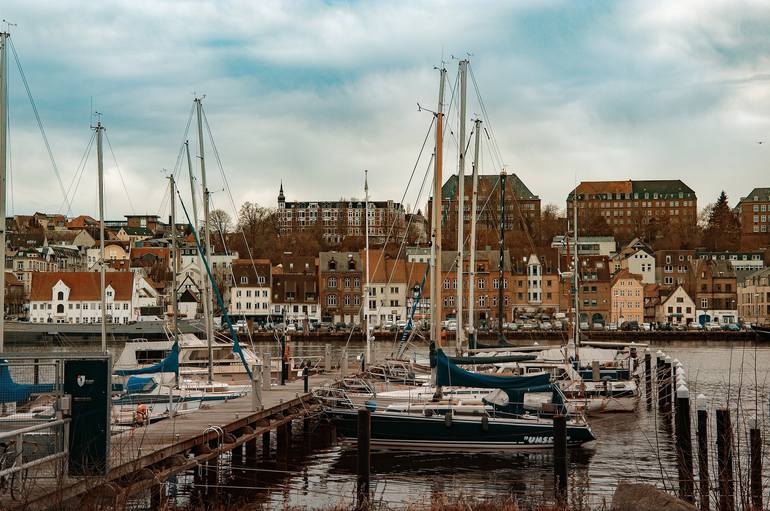 Harbor with sailboats and yachts moored in the port. - Print