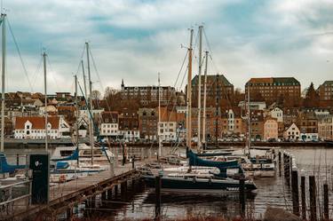 Harbor with sailboats and yachts moored in the port. thumb