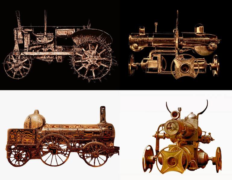 Old mechanisms and cars. . Black white background. - Print