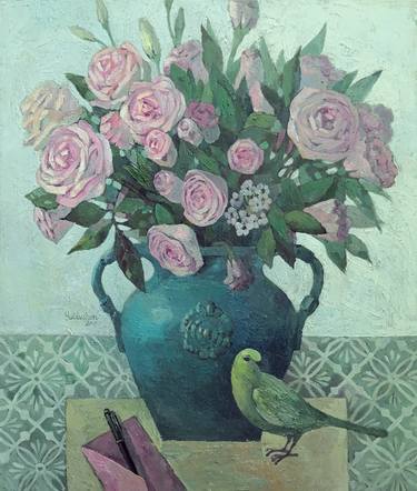 Roses in a blue vase thumb