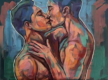 Male nude, naked men kissing, gay painting thumb