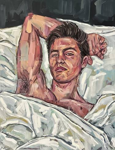 Naked man at bed, male nude gay painting thumb