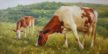 Print of Realism Cows Paintings by Mykola Kaftan