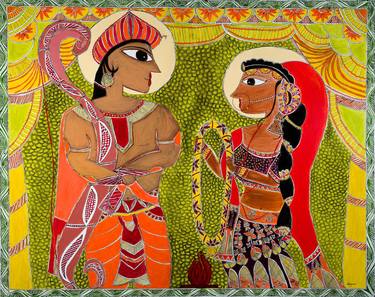 Ram Sita Swayamvara in Madhubani Painting on Canvas thumb