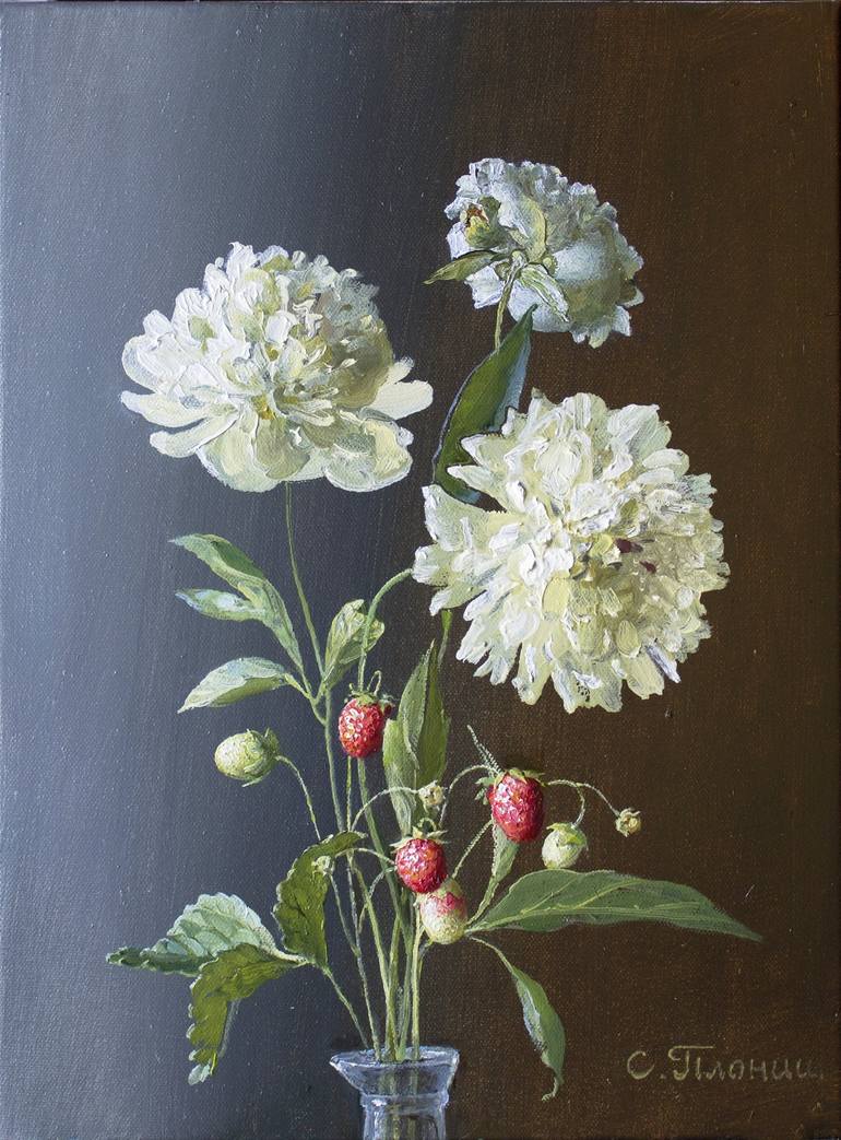 Still life with peonies and strawberries Painting by Stanislav Plonish ...