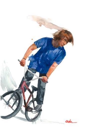 The guy on the BMX bicycle in watercolor - Limited Edition of 1 thumb