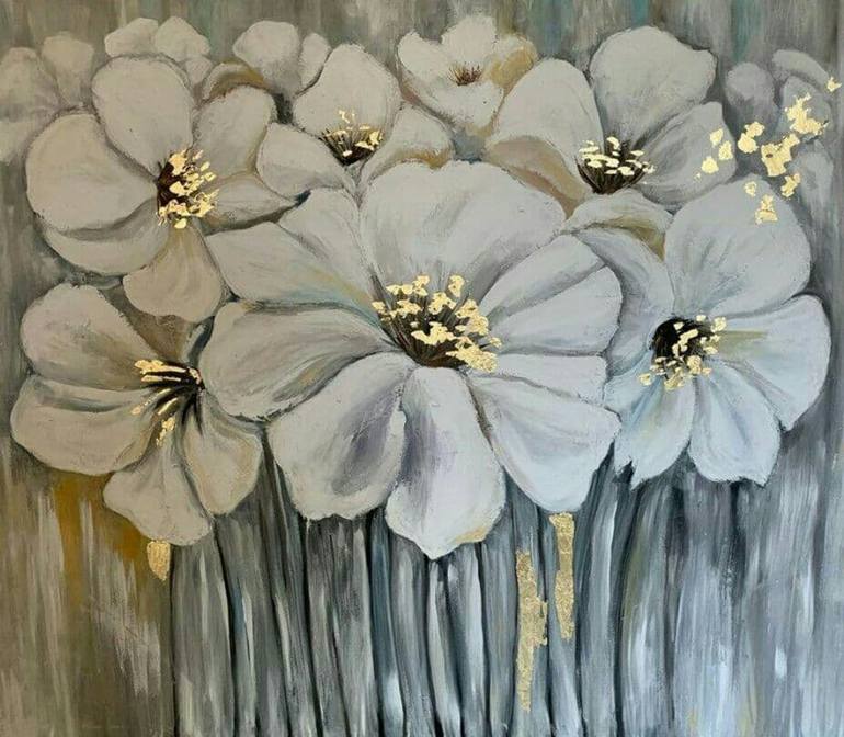 White Flower Painting with Gold