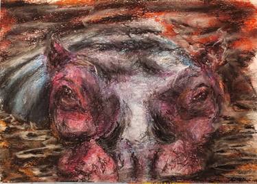 Animal Hipopotam Artwork Pastel Illustration Handmade by Piero thumb