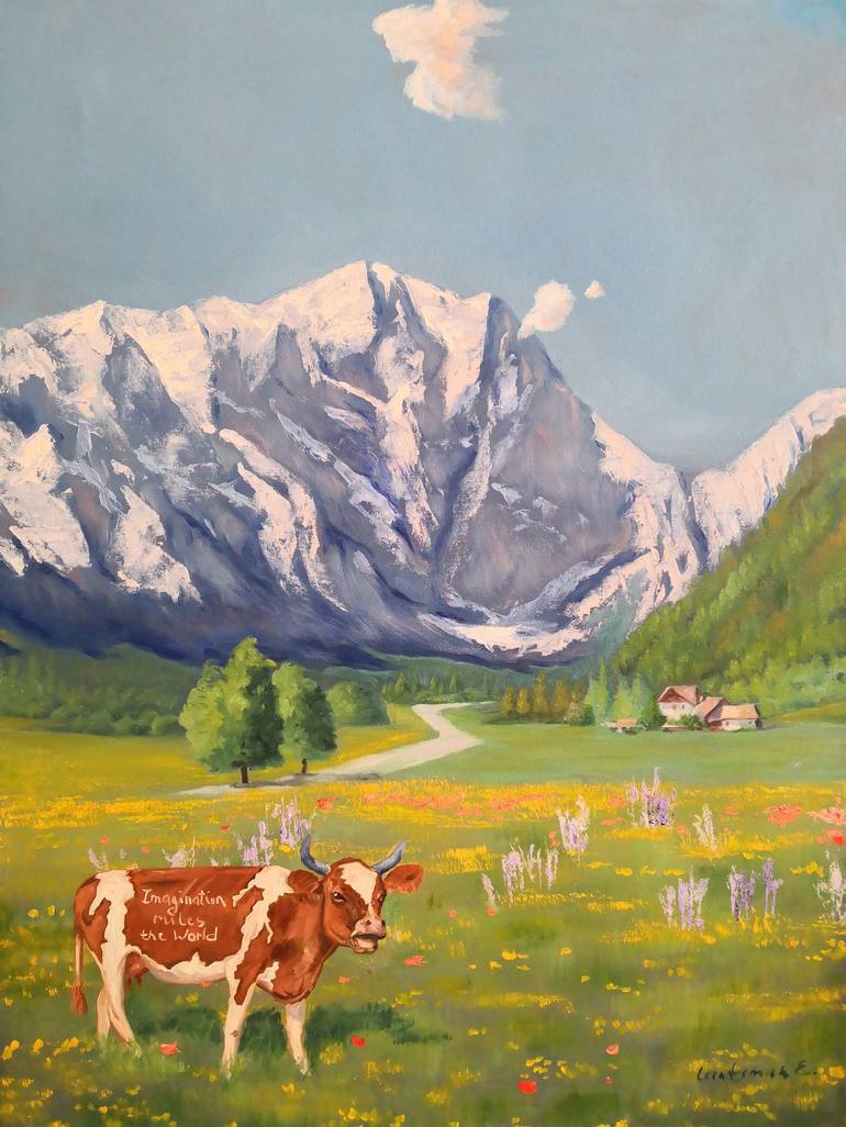 Funny Cow in Switzerland mountains landscape Painting by Jane ...
