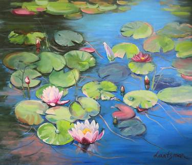 Water lilies pond with lotus flowers thumb