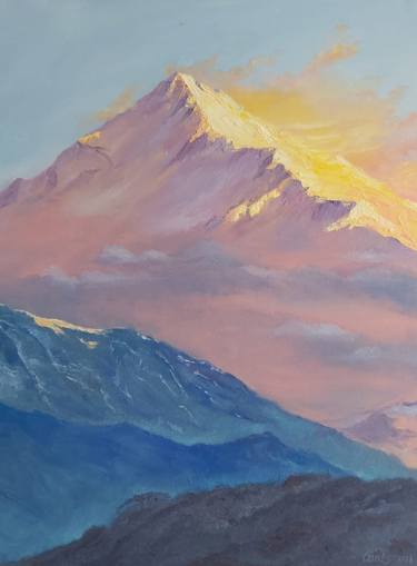 Sunrise in the  snowy mountain landscape thumb