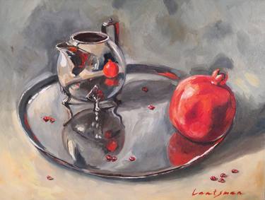 Pomegranate with Silver Teapot on a tray  still life thumb