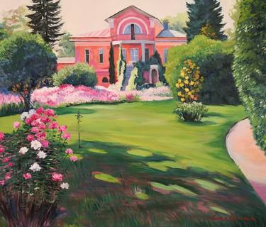 Impressionist landscape with a Manor and a Garden full of  roses thumb