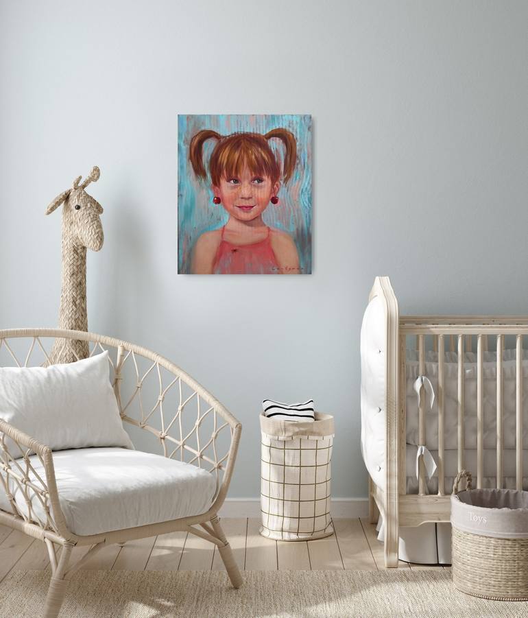 Girl with ponytails, ladybug and cherry earrings portrait Painting by ...