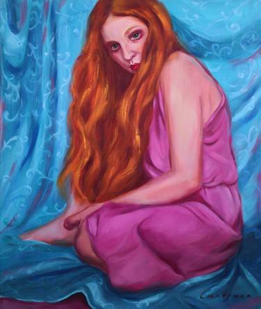 Redhead girl sitting on a turquoise drapery Painting thumb
