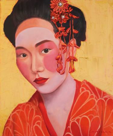 Geisha in kimono on the gold background portrait number 3 thumb