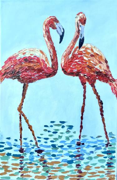 Two pink flamingos oil thumb