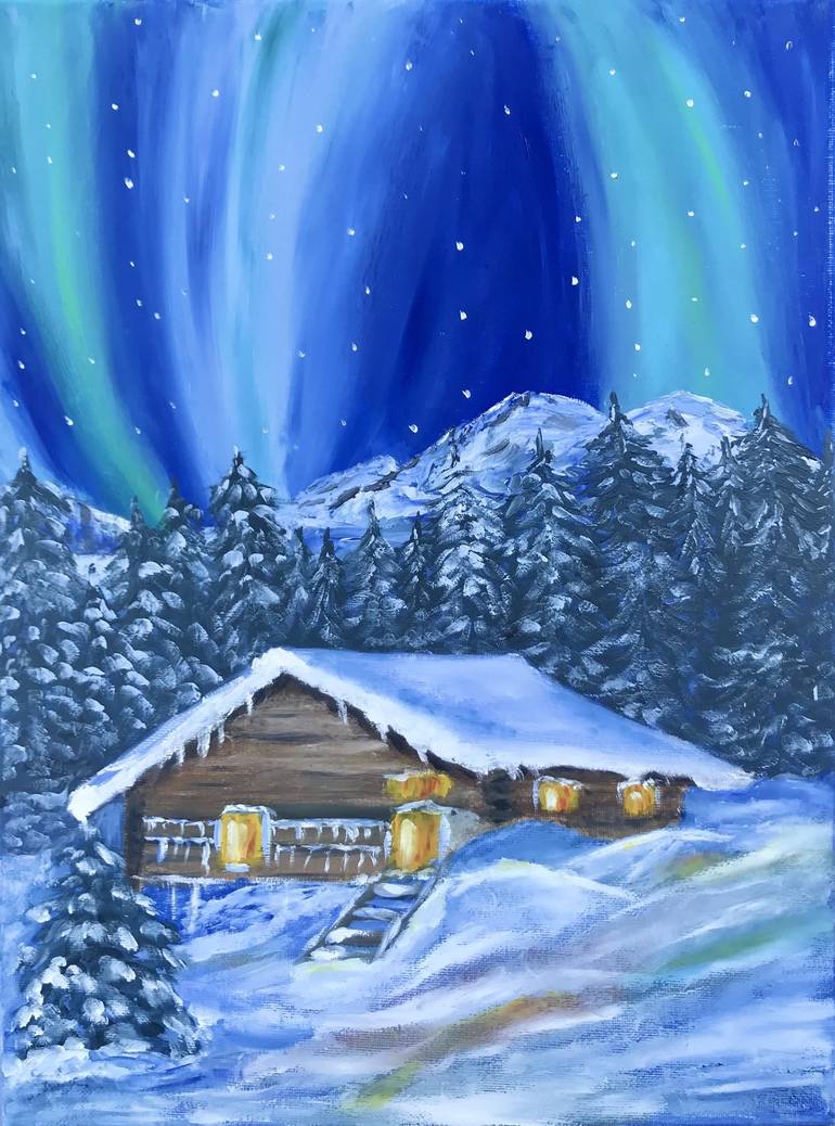 Winter Landscape, Original Northern Lights Painting, Christmas