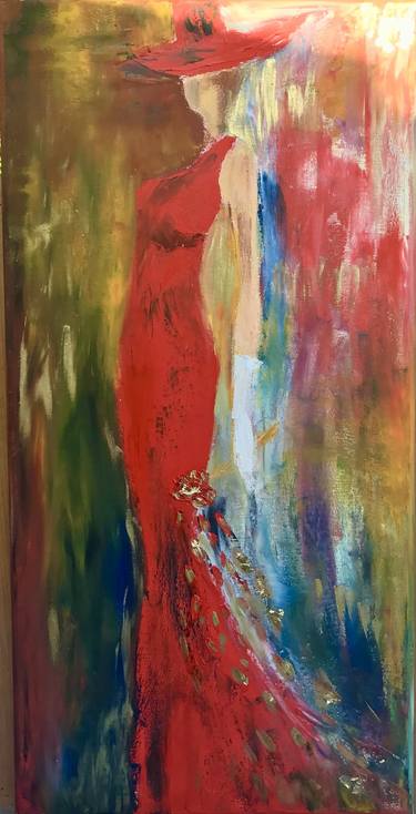 Original oil picture , girl in red dress thumb