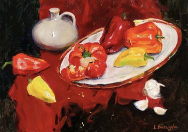 Peppers with garlic. Still life. Oil on canvas thumb