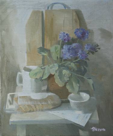 "Still Life with a Broken Board" geraniums flowers thumb