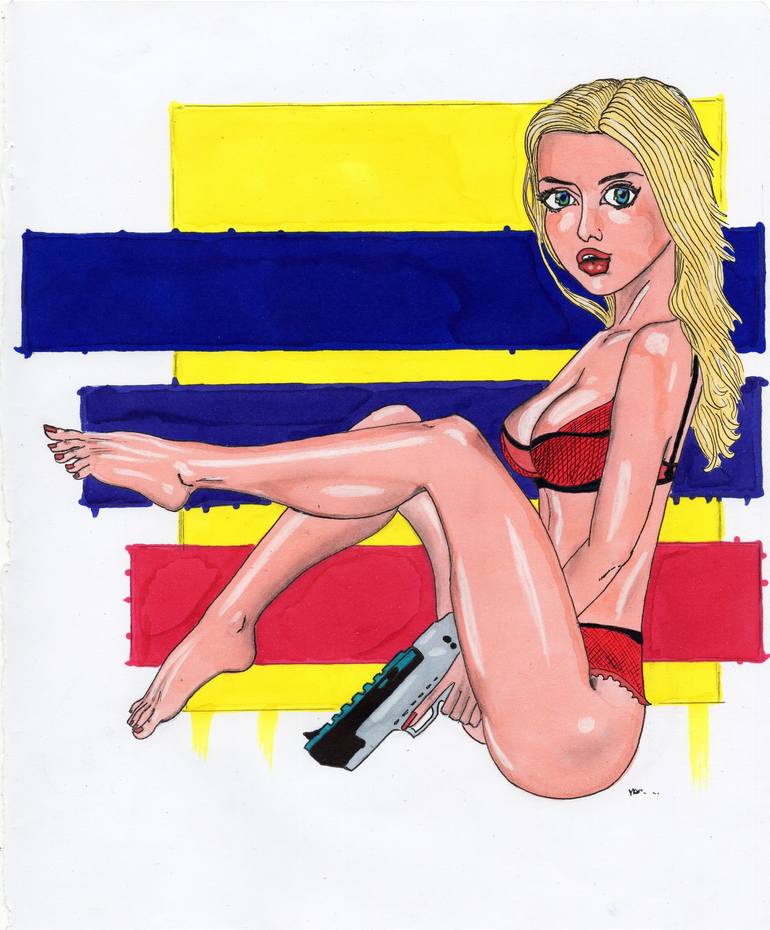 770px x 930px - Cute Blonde Girl With A Gun, sexy barefoot pin up Drawing by Fill Matevski  | Saatchi Art