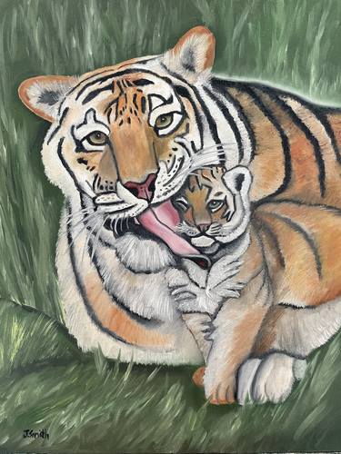 Original oil painting artwork 11 x 14 beautiful tiger and baby thumb
