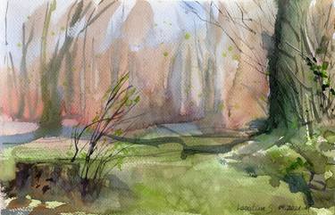 Spring watercolor landscape in the park. thumb