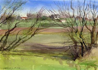 Saatchi Art Artist Svitlana Lagutina; Paintings, “Watercolor landscape with field and trees in spring” #art