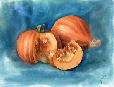 Still life with pumpkins on a blue background thumb