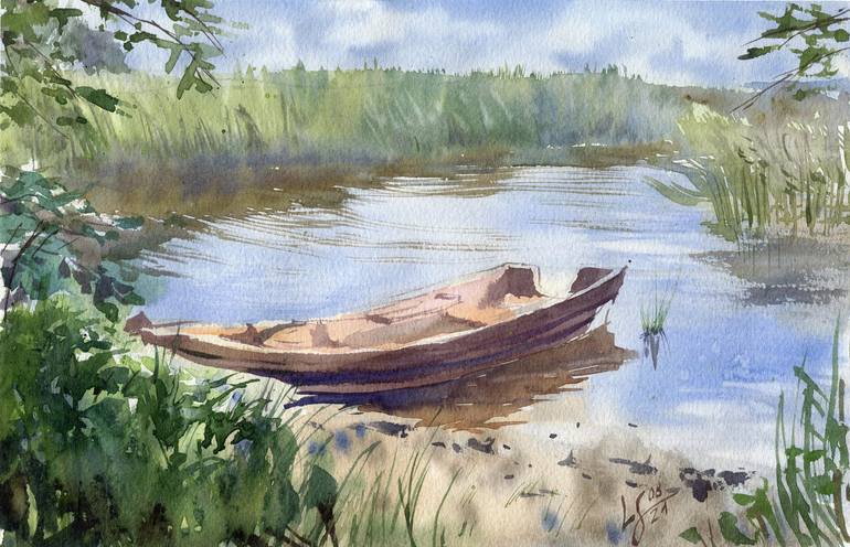 Original Landscape Painting by Svitlana Lagutina | Impressionism Art on Paper | Boat on the Lake