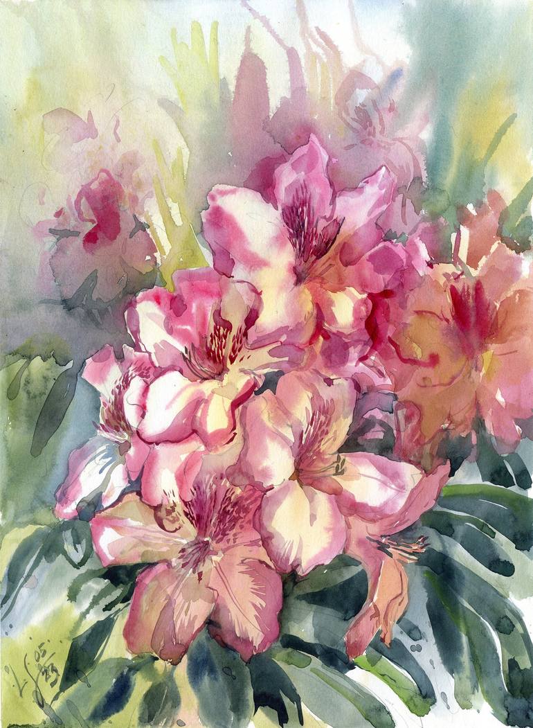 Pink rhododendron bush in the garden Painting by Svitlana Lagutina |  Saatchi Art