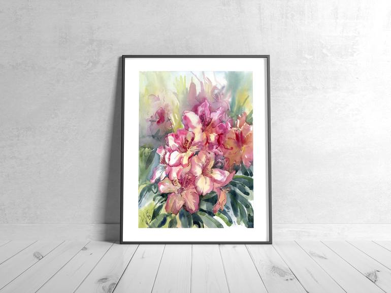 Pink rhododendron bush in the garden Painting by Svitlana Lagutina