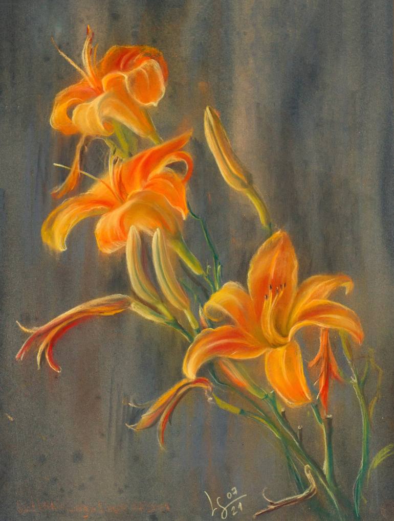 Orange daylily, 3 flowers and buds Painting by Svitlana Lagutina ...