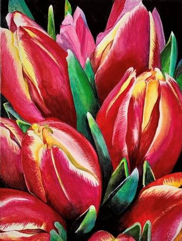 Tulip Splendor : acrylic painting of beautiful red tulips on stretched canvas thumb