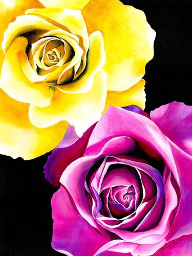 Perfection : acrylic painting of gorgeous yellow and pink roses on paper thumb